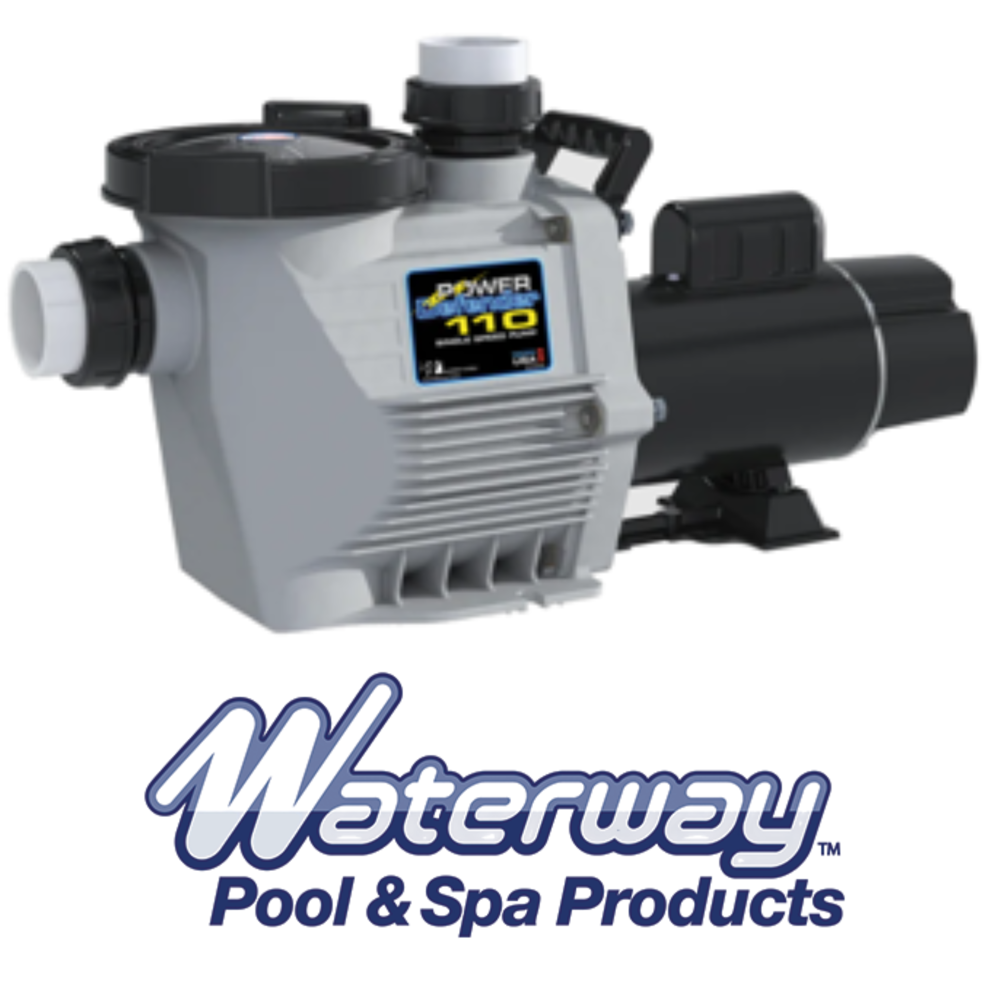 Angled view of Waterway Power Defender pool pump showing compact design for easy installation